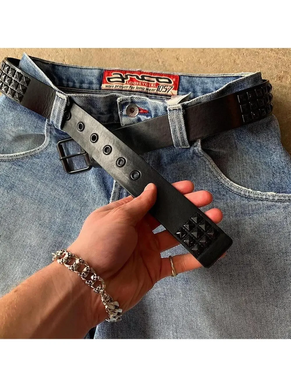 Vintage y2k Cyber 2000s Punk Style Diamond Studded black essential belt. Goth em